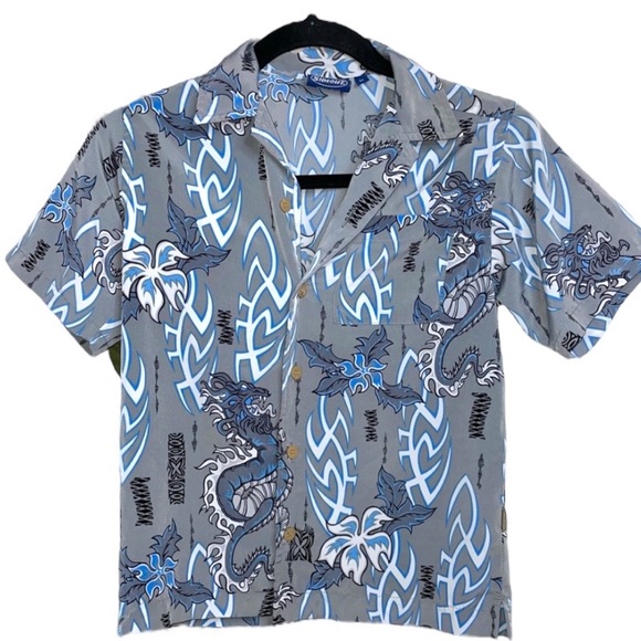 SideOut boys medium 5/6 gray shirt blue Asian dragon button down collar kids - Picture 1 of 9